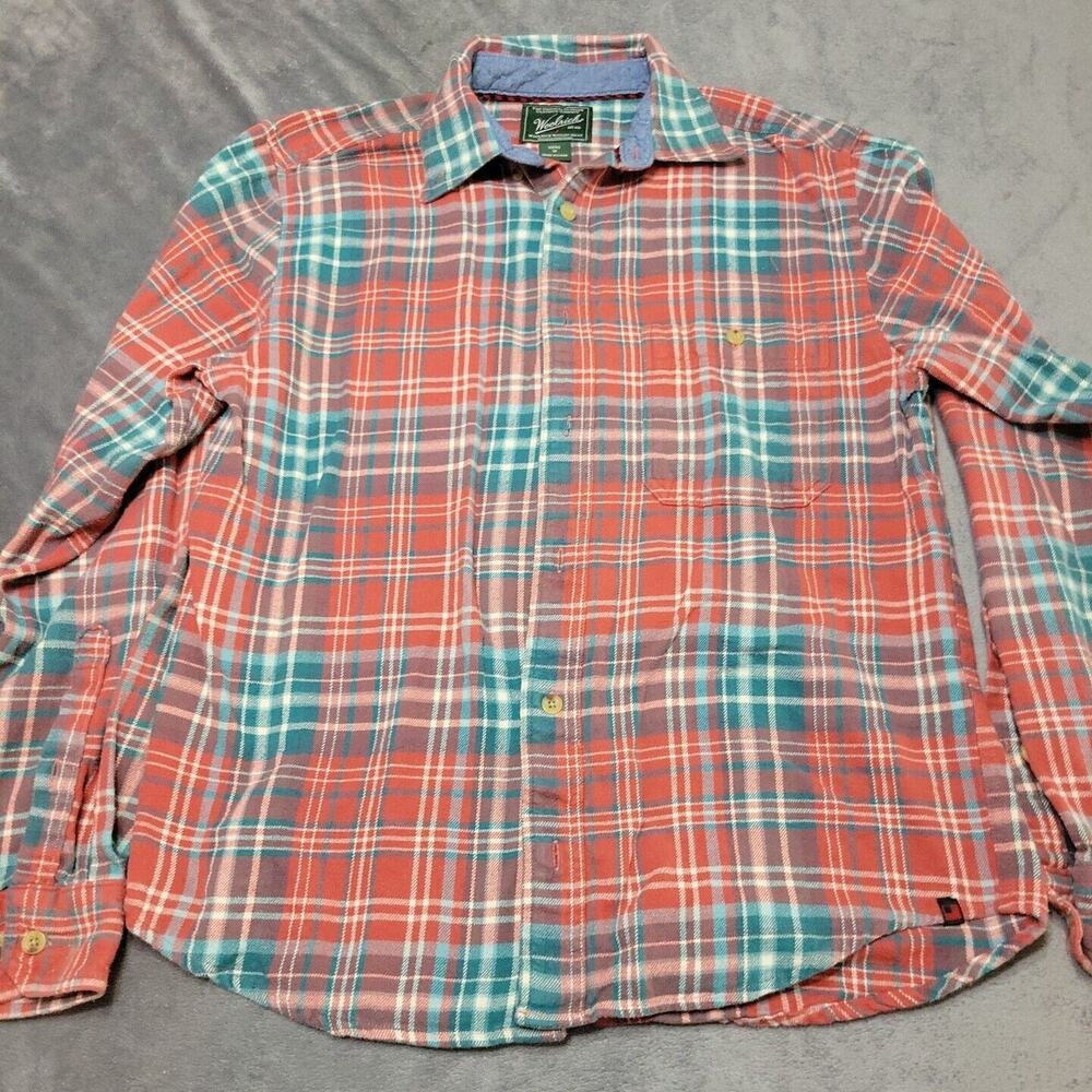 Woolrich Shirt Mens Medium Red Blue Cotton Button Down Long Sleeve Plaid Pattern
